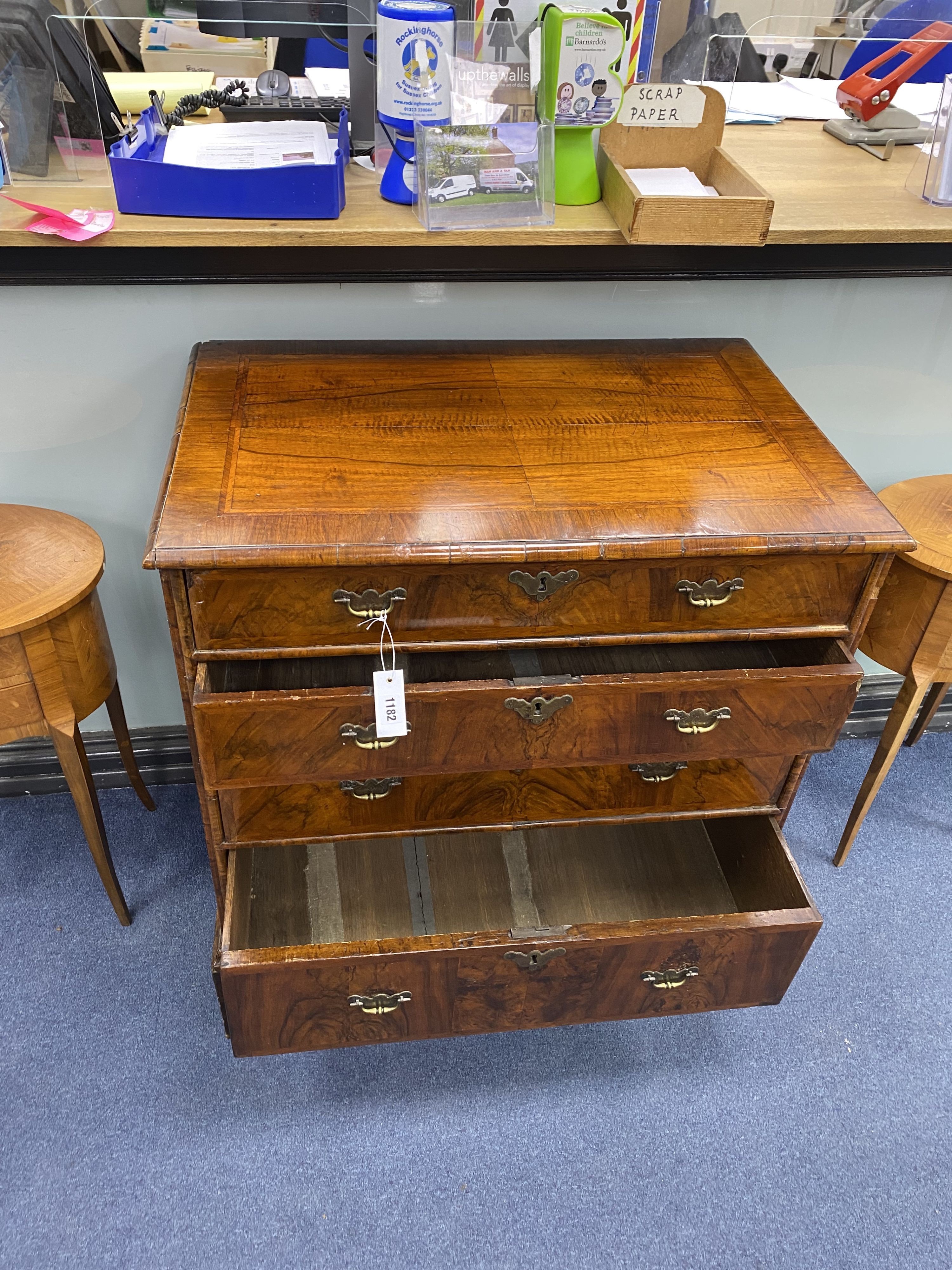 An 18th century and later walnut veneered chest of four graduating drawers raised on bracket feet, width 80cm, depth 52cm, height 88cm